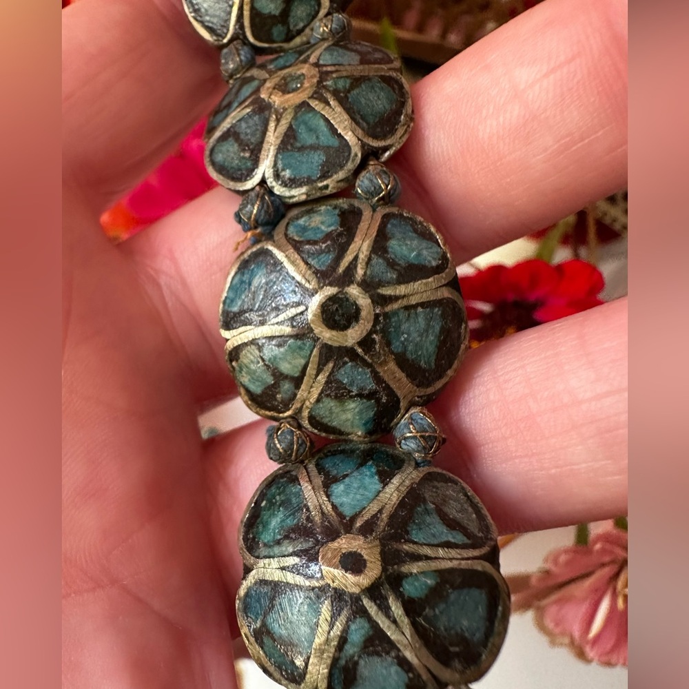 Stunning 1930's 3-Piece Turquoise Chip Sterling Inlay Mosaic Jewelry Set - Picture 5 of 8